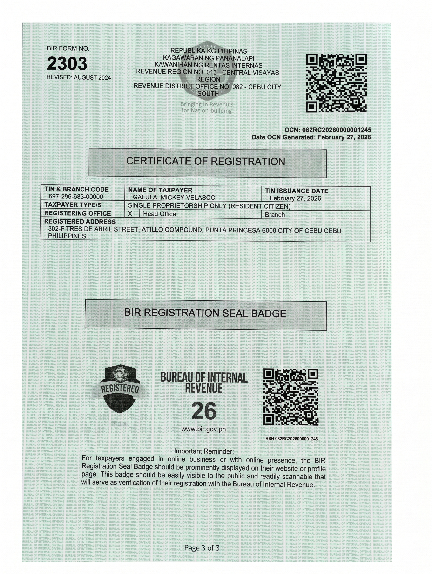 PRINTABLES.PH CONSUMER GOODS TRADING - Official Business Registration Document